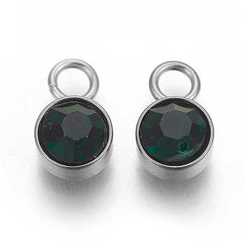 Glass Rhinestone Charms, Birthstone Charms, with Stainless Steel Color Tone 201 Stainless Steel Findings, Flat Round, Emerald, 10x6x5mm, Hole: 2mm