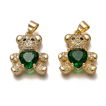 Brass Micro Pave Cubic Zirconia Pendants, Long-Lasting Plated, Real 18K Gold Plated, Inlay Bear Shape, Green, 19.5x16x5.5mm, Hole: 3.5X4mm