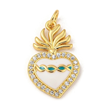 Rack Plating Brass Micro Pave Cubic Zirconia Pendants, with Enamel & Jump Ring, Cadmium Free & Lead Free, Long-Lasting Plated, Real 18K Gold Plated, Sacred Heart, Dark Turquoise, 22x13.5x3mm, Hole: 3.4mm