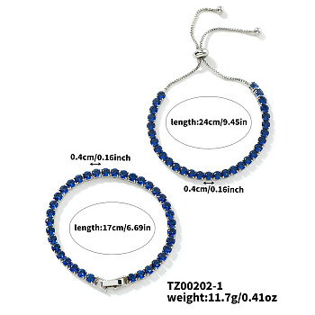 2Pcs 2 Style Cubic Zirconia Chain Bracelet Set, Adjustable Brass Slider Couple Bracelets, Blue, 