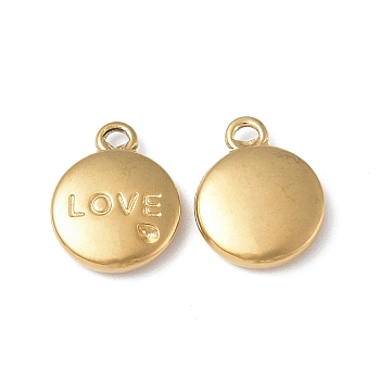 Ion Plating(IP) 304 Stainless Steel Pendant Rhinestone Settings, Flat Round with Word LOVE Charm, Real 18K Gold Plated, Fit: 1mm Rhinestone, 13x10.5x3mm, Hole: 1.2mm