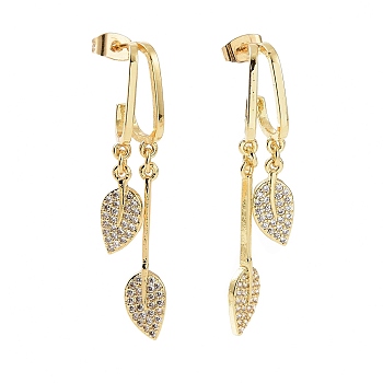 Clear Cubic Zirconia Leaf Dangle Stud Earrings, Brass Jewelry for Women, Real 18K Gold Plated, 48mm, Pin: 0.7mm