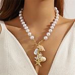 Alloy & Plastic Pearl & Natural Shell Pendant Necklaces, Shell Shape & Starfish, Golden, 17.72 inch(45cm)(FS-WG9F39A-09)