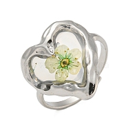 Brass Adjustable Rings for Women, Cadmium Free & Lead Free, with Epoxy Resin & Dried Flower inside, Platinum, Heart, 20mm, Inner Diameter: 17mm(RJEW-G265-10P-C04)