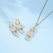 Plastic Beaded Oval with Flower Jewelry Set, Golden Alloy Dangle Stud Earrings & Pendant Necklace, White, Necklaces: 450mm, Earring: 35x12mm(YW1382-1)