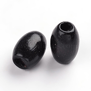 Dyed Natural Wood Beads, Egg Shaped Rugby Wood Beads, Oval/Oblong, Lead Free, Black, 15x7~8mm, Hole: 3mm, about 3800pcs/1000g(WOOD-Q003-15x7mm-10-LF)