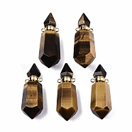 Faceted Natural Tiger Eye Pendants, Openable Perfume Bottle, with Golden Tone Brass Findings, Hexagon, 40~41.5x15x13.5mm, Hole: 1.8mm, Bottle Capacity: 1ml(0.034 fl. oz)(G-T131-15D)