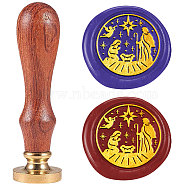 Christmas Theme Wax Seal Stamp Set, Golden Plated Sealing Wax Stamp Solid Brass Head, with Retro Wood Handle, for Envelopes Invitations, Gift Card, Jesus, 83x22mm, Head: 7.5mm, Stamps: 25x14.5mm(AJEW-WH0208-1332)