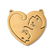 Ion Plating(IP) 304 Stainless Steel Split Pendants, Heart with Cat Charm, Real 18K Gold Plated, 30x30x1mm, Hole: 1.8mm(STAS-H212-16G)