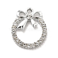 Alloy Rhinestone Pendants, Platinum Tone Flat Round with Bowknot Charms, Crystal, 20.5x17x3.5mm, Hole: 2mm(ALRI-C007-38P)