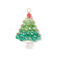Christmas Theme Glass Seed Beads Pendants, with Golden Brass Findings, Tree, Medium Turquoise, 33x21x6mm, Hole: 2.3mm(PALLOY-TA00025)