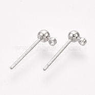 Brass Ball Stud Earring Findings, with Loop and Steel Pins, Real Platinum Plated, 14x3mm, Hole: 1mm, Pin: 0.8mm(KK-S348-415A)