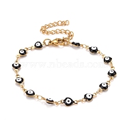 Enamel Heart with Evil Eye Link Chains Bracelet, Vacuum Plating 304 Stainless Steel Jewelry for Women, Golden, Black, 6-3/4 inch(17.1cm)(BJEW-P271-06G-04)