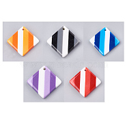Resin Pendants, Rhombus with Stripe Pattern, Mixed Color, 29x29x4mm, Hole: 2mm(CRES-T008-32-M)