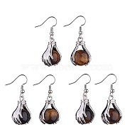 Natural Tiger Eye Palm Dangle Earrings, Platinum Brass Jewelry for Women, 38.5mm, Pin: 0.6mm(EJEW-A092-09P-17)