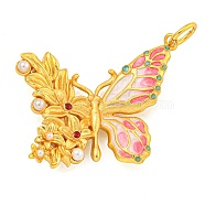 Rack Plating Brass Enamel Pendants, with ABS Imitation Pearl and Jump Ring, Cadmium Free & Lead Free, Real 18K Gold Plated, Long-Lasting Plated, Butterfly Charm, Deep Pink, 24x33x5mm, Hole: 5mm(KK-Z054-4G-01)