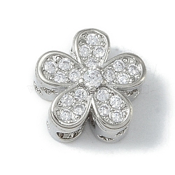 Rack Plating Brass Micro Pave Clear Cubic Zirconia Beads, Long-Lasting Plated, Lead Free & Cadmium Free, Flower, Platinum, 10x10.5x6.5mm, Hole: 2.5mm(KK-A220-11B-P)