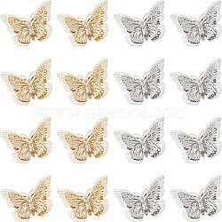 Brass Filigree Joiners Links, with Crystal Rhinestone, 3D Butterfly, Mixed Color, 22.5x33x4~7mm, Hole: 1mm, 2 colors, 8pcs/color, 16pcs/box(KK-CA0001-28)