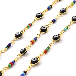 Handmade Brass Oval with Evil Eye Link Chains, with Glass Beads, Soldered, with Spool, Long-Lasting Plated, Golden, Colorful, 13.5x2.5x2mm, 10x6x3.5mm(CHC-M022-02)