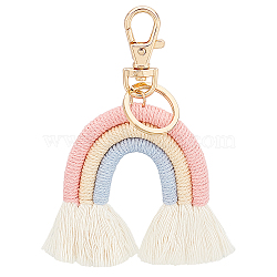 Cotton Rope Rainbow Tassel Keychain, with Golden Tone Iron and Alloy Findings, Rainbow, Pink, 11~12.5cm(AJEW-WH0250-60LG)