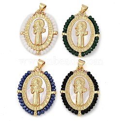 Rack Plating Brass Pave Shell Religion Saint Pendants, Oval Charms with Glass, Real 18K Gold Plated, Long-Lasting Plated, Lead Free & Cadmium Free, Mixed Color, 32x24x3mm, Hole: 4mm(KK-U032-01G-A)