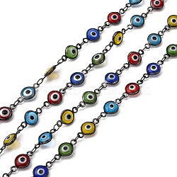 Handmade Flat Round Brass Lampwork Evil Eye Beaded Chains, Unwelded, with Spool, Gunmetal, 13x7x2mm, about 16.4 Feet(5m)/roll(CHC-P002-01B)