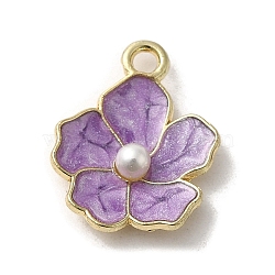 Flower Alloy Enamel Pendants, with Plastic Imitation Pearl Beads, Light Gold, Medium Purple, 17x14x4mm, Hole: 1.8mm(ENAM-A007-01KCG-02)