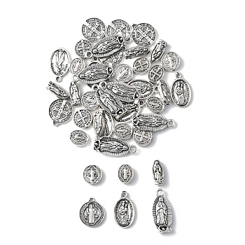 60Pcs 6 Style Tibetan Style Alloy Beads and Pendants, with Jesus and Latin Cross, For Easter, Antique Silver, 10~22x6~13x1.5~4mm, Hole: 1~1.8mm, 10pcs/style