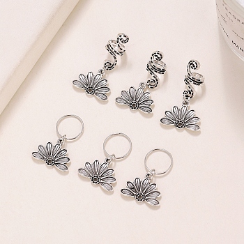 6Pcs Alloy Dreadlocks Beads, Flower Braiding Hair Pendants Decoration Clips, Antique Silver, 40x20mm