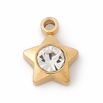 304 Stainless Steel Pendants, with Rhinestone, Star, Golden, Crystal, 9.5x7.5x3mm, Hole: 1.4mm