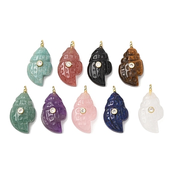 Natural Mixed Stone Carved Pendants, Conch Shape Charms with Brass Micro Pave Clear Cubic Zirconia Findings, Golden, 30~32x16~17x7~9mm, Hole: 3mm