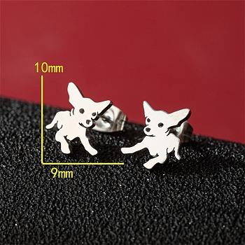 Non-Tarnish Stainless Steel Stud Earrings, Dog Shape, Stainless Steel Color, 10x9mm