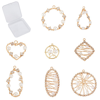 SUNNYCLUE Brass Wire Wrapped Pendants, with Crystal Rhinestone and ABS Plastic Imitation Pearl, Mixed Shapes, Mixed Color, 36x20x5mm, Hole: 2mm, 8pcs/box