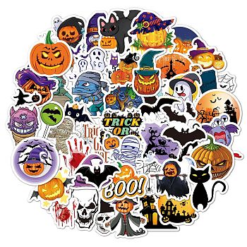 50Pcs Halloween Holographic Vinyl Waterproof Cartoon Stickers, Self Adhesive Decals for Art Craft, Halloween Themed Pattern, 24.5~71.5x36.5~70x0.3mm