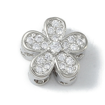 Rack Plating Brass Micro Pave Clear Cubic Zirconia Beads, Long-Lasting Plated, Lead Free & Cadmium Free, Flower, Platinum, 10x10.5x6.5mm, Hole: 2.5mm