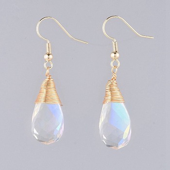 AB Color Half Electroplated Glass Dangle Earrings, with Brass Earring Hooks and Cardboard Jewelry Set Boxes, Teardrop, Golden, 44~47mm, Pin: 0.6mm