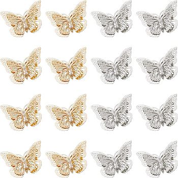 Brass Filigree Joiners Links, with Crystal Rhinestone, 3D Butterfly, Mixed Color, 22.5x33x4~7mm, Hole: 1mm, 2 colors, 8pcs/color, 16pcs/box