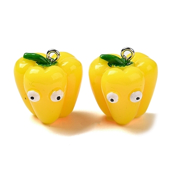 Cartoon Opaque Resin Vegetable Pendants, Funny Eye Bell Pepper Charms with Platinum Plated Iron Loops, Yellow, 22x20.5x19mm, Hole: 2mm