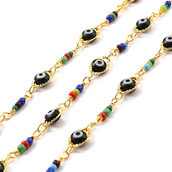Handmade Brass Oval with Evil Eye Link Chains, with Glass Beads, Soldered, with Spool, Long-Lasting Plated, Golden, Colorful, 13.5x2.5x2mm, 10x6x3.5mm