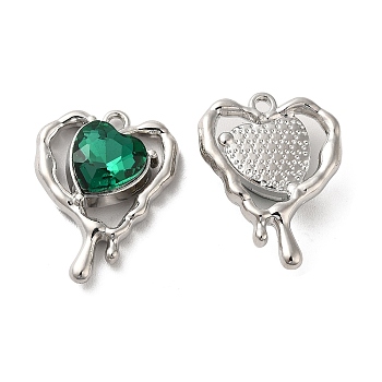 Glass Melting Heart Pendant, with Platinum Alloy Findings, Lead Free & Cadmium Free, Green, 20x15.5x5.5mm, Hole: 1.4mm