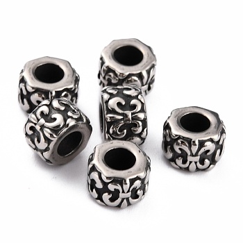 304 Stainless Steel European Beads, Large Hole Beads, Column with Fleur De Lis, Antique Silver, 9x7mm, Hole: 4.5mm