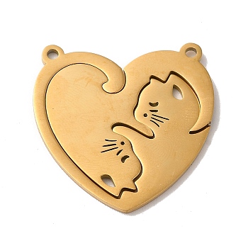 Ion Plating(IP) 304 Stainless Steel Split Pendants, Heart with Cat Charm, Real 18K Gold Plated, 30x30x1mm, Hole: 1.8mm