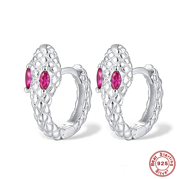 Snake Shape Rhodium Plated Platinum 925 Sterling Sliver Micro Pave Cubic Zirconia Hoop Earrings, Fuchsia, 14x12mm
