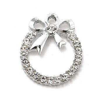 Alloy Rhinestone Pendants, Platinum Tone Flat Round with Bowknot Charms, Crystal, 20.5x17x3.5mm, Hole: 2mm