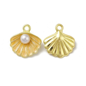 Rack Plating Alloy Enamel Pendants, with ABS Plastic Imitation Pearls, Light Gold, Shell Charms, Orange, 16x15x6mm, Hole: 1.8mm