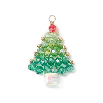 Christmas Theme Glass Seed Beads Pendants, with Golden Brass Findings, Tree, Medium Turquoise, 33x21x6mm, Hole: 2.3mm