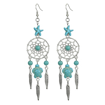 Web with Feather Alloy Chandelier Earrings, Tortoise & Starfish Synthetic Turquoise Long Drop Earrings, Light Sea Green, 119x28mm