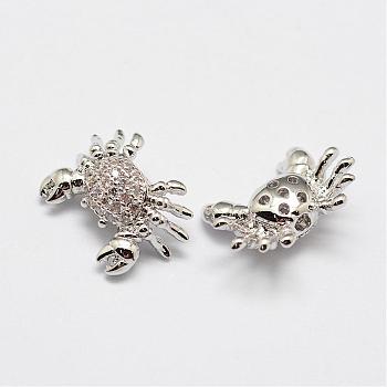 Brass Micro Pave Grade AAA Cubic Zirconia Beads, Crab, Lead Free & Nickel Free & Cadmium Free, Real Platinum Plated, 12x15.5x6mm, Hole: 2mm