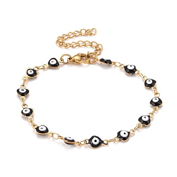 Enamel Heart with Evil Eye Link Chains Bracelet, Vacuum Plating 304 Stainless Steel Jewelry for Women, Golden, Black, 6-3/4 inch(17.1cm)