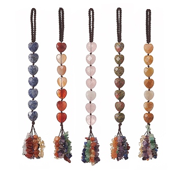 Heart Natural Gemstones & Mixed Stone Chips Tassel Pendant Decorations, Nylon Thread Hanging Ornament, 215~220mm